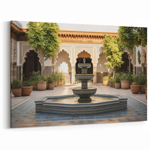 Moorish Courtyard Fountain Wall Art - Intricate Tile Canvas Print