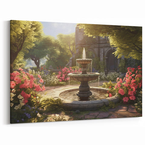 Charming Garden Fountain Wall Art - Vibrant Floral Canvas Print