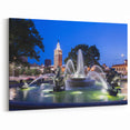 Vibrant City Fountain at Dusk Wall Art - Urban Nightscape Canvas Print