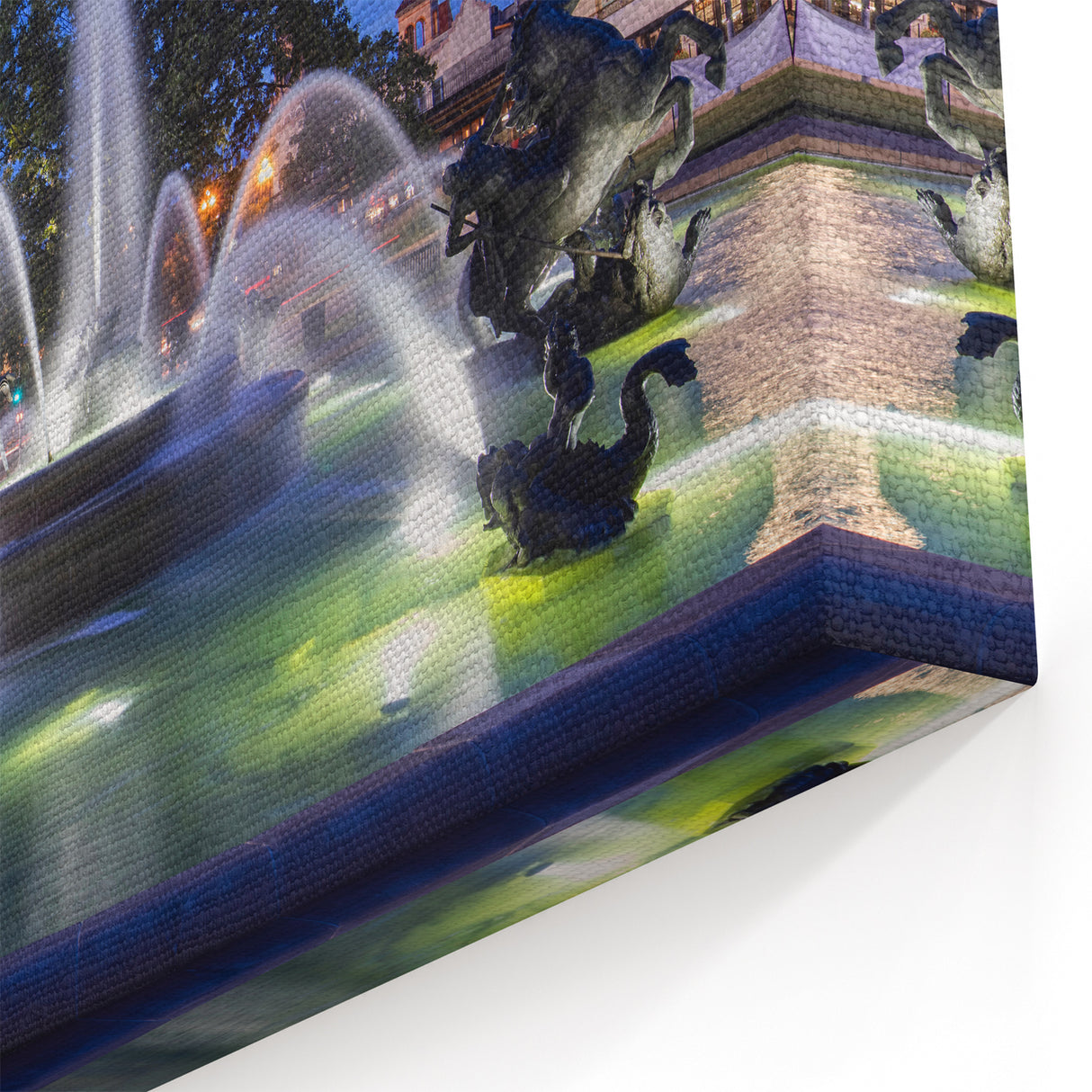 Vibrant City Fountain at Dusk Wall Art - Urban Nightscape Canvas Print