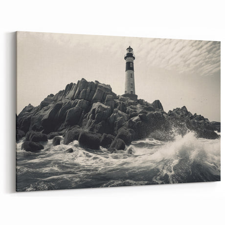 Rocky Lighthouse and Waves - Coastal Wall Art Dramatic Seascape