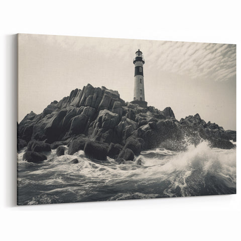 Rocky Lighthouse and Waves - Coastal Wall Art Dramatic Seascape