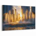 Sunset City Fountain Wall Art - Golden Hour Urban Canvas Print
