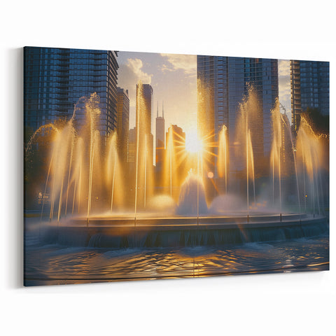 Sunset City Fountain Wall Art - Golden Hour Urban Canvas Print