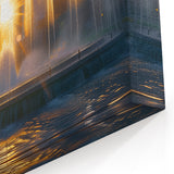 Sunset City Fountain Wall Art - Golden Hour Urban Canvas Print