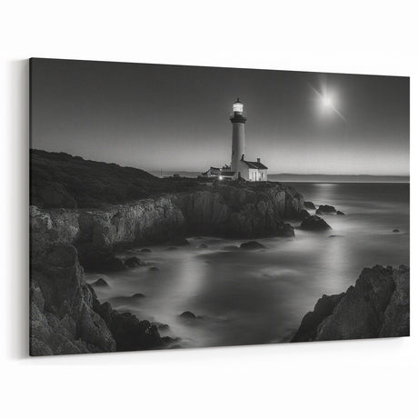 Moonlit Lighthouse on Rocks - Dramatic Coastal Wall Art Night Decor