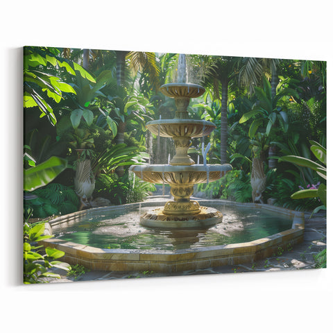 Tropical Garden Fountain Wall Art - Lush Greenery Canvas Print