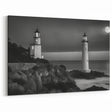 Twin Lighthouses Under Moonlight - Dramatic Coastal Wall Art Decor