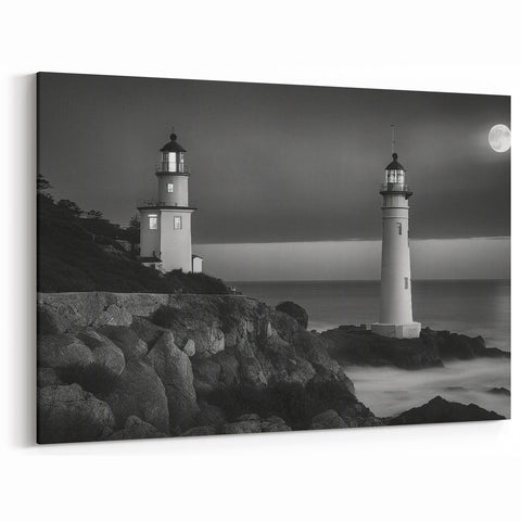 Twin Lighthouses Under Moonlight - Dramatic Coastal Wall Art Decor