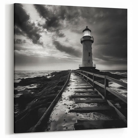 Stormy Lighthouse Walkway - Dramatic Coastal Wall Art Black and White