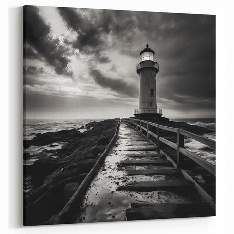 Stormy Lighthouse Walkway - Dramatic Coastal Wall Art Black and White