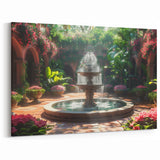 Verdant Courtyard Fountain - Lush Greenery and Floral Wall Art Print