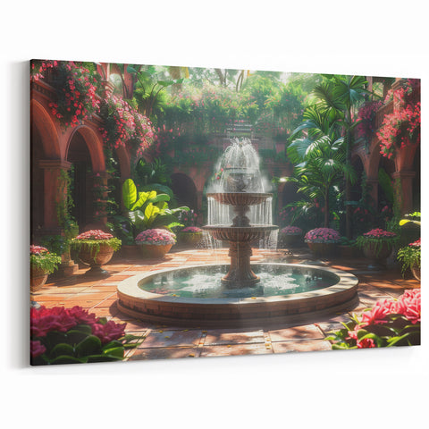 Verdant Courtyard Fountain - Lush Greenery and Floral Wall Art Print