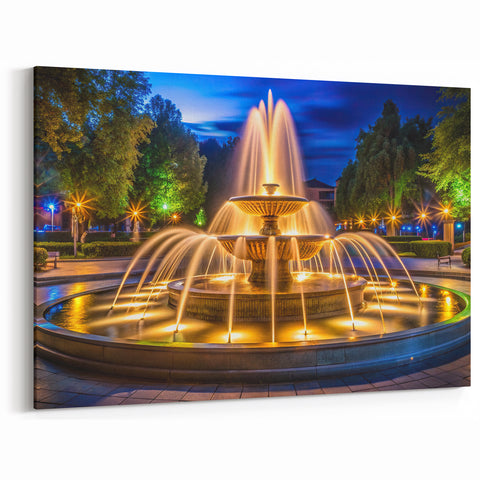 Illuminated Night Fountain - Vibrant Cityscape Wall Art Print