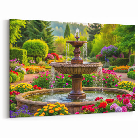 Colorful Garden Fountain - Vibrant Floral Paradise Wall Art Print