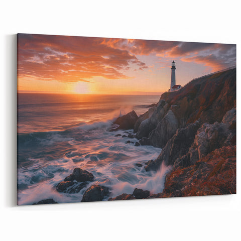 Golden Sunset Lighthouse Art - Scenic Coastal Canvas Print Decor