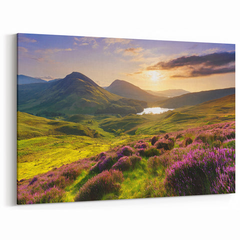 Sunset Countryside Art - Rolling Hills and Heather Fields Wall Decor