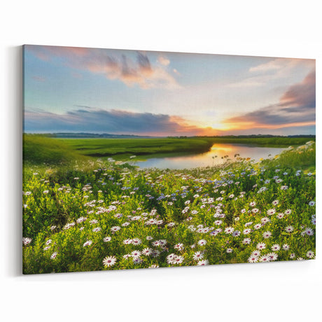 Pastoral Sunrise Art - Wildflower Meadow and River at Dawn Wall Decor