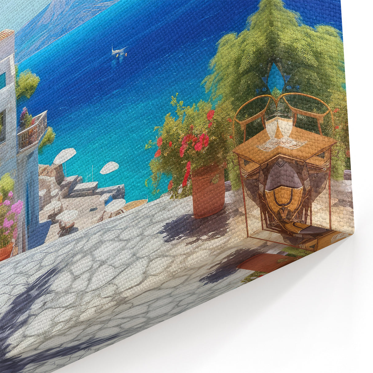 Mediterranean Coastal House Wall Art - Vibrant Sea View Canvas Print