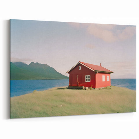 Red Coastal House Wall Art - Serene Seaside Canvas Print