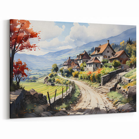 Charming Countryside Village Wall Art - Scenic Landscape Canvas Print
