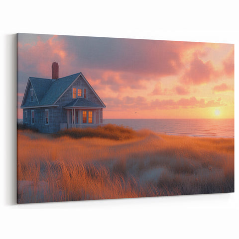 Coastal House Wall Art - Sunset Cottage Canvas Print for Beach Decor