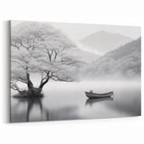 Tranquil Countryside Art - Black and White Pastoral Scene on Canvas