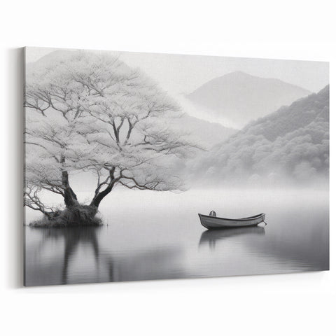 Tranquil Countryside Art - Black and White Pastoral Scene on Canvas