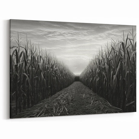 Rural Landscape Canvas - Moody Cornfield Scene in Black and White