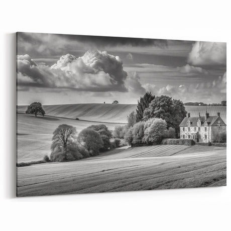 Black and White Countryside Art - Manor House in Rolling Fields Canvas