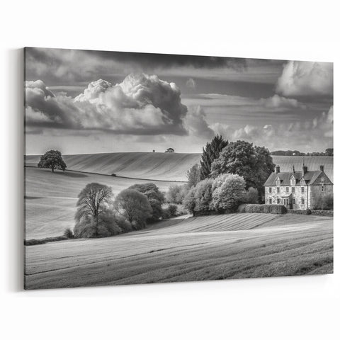 Black and White Countryside Art - Manor House in Rolling Fields Canvas