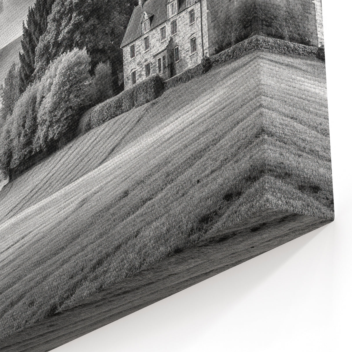 Black and White Countryside Art - Manor House in Rolling Fields Canvas
