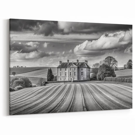 Majestic Manor House Art - Black and White Rolling Fields Canvas