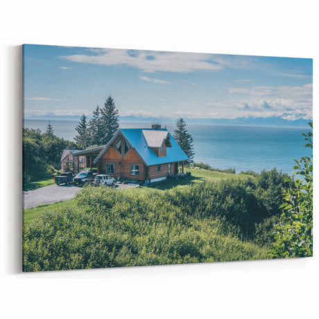 Scenic Lakeside Cabin Art - Rustic Countryside with Ocean View Canvas