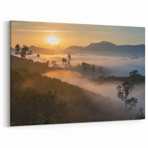 Misty Rainforest Sunrise Art - Serene Jungle Landscape Print - Nature Decor