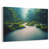 Misty Rainforest River Art - Tranquil Jungle Landscape Print - Nature Decor