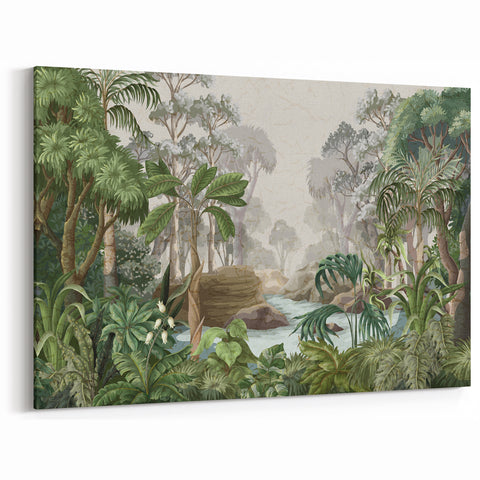 Serene Rainforest Illustration Art - Tranquil Jungle Canvas Print - Nature Decor