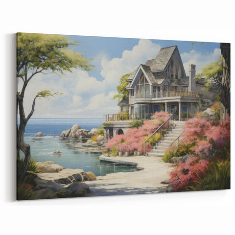 Charming Seaside Cottage Wall Art - Rustic Framed Canvas Print