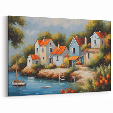 Charming House Wall Art - Cozy Cottage Canvas Print with Red Roofs