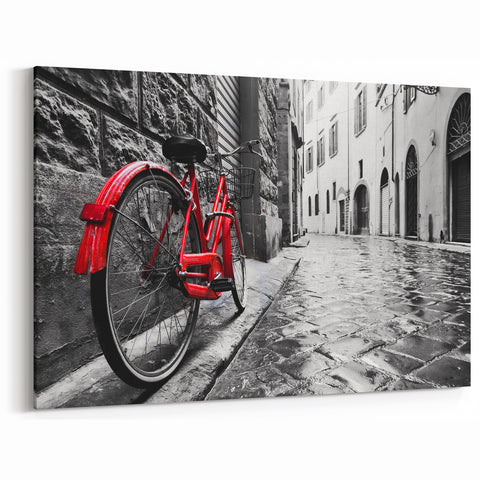 Red Bicycle on Wet Cobblestone - Striking Cycling-Themed Wall Art