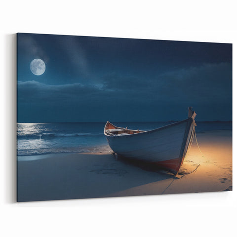 Moonlit Boat on Beach Canvas - Tranquil Nighttime Coastal Art