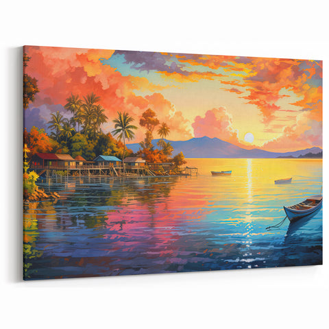 Colorful Tropical Sunset Village - Vibrant Coastal Wall Art