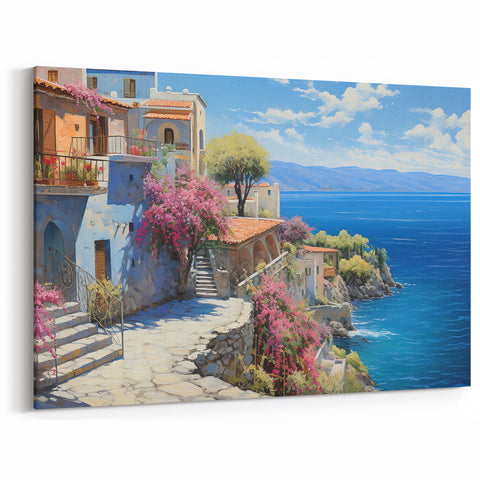 Charming Mediterranean Village - Coastal Wall Art with Floral Beauty