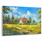 Idyllic House Wall Art - Peaceful Countryside Canvas Print with Fields