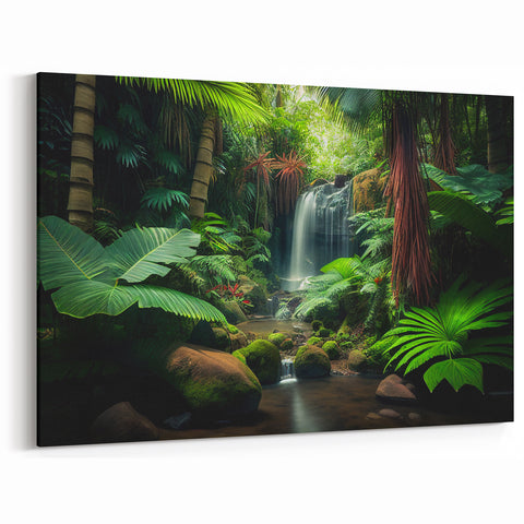 Lush Rainforest Wall Art - Tropical Jungle Canvas with Waterfall Scene