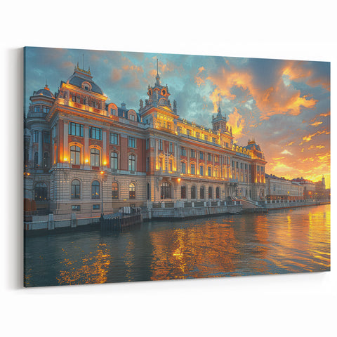 Illuminated Waterfront Palace Art | Grand Historical Sunset Decor Print