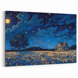 Starry Night House Wall Art - Cozy Cottage Canvas Print with Night Sky