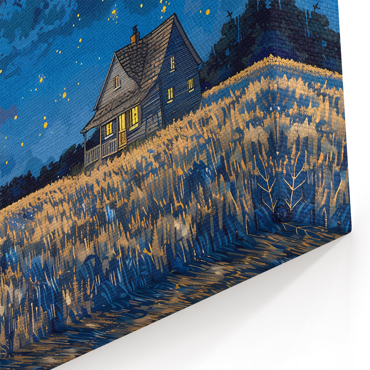 Starry Night House Wall Art - Cozy Cottage Canvas Print with Night Sky