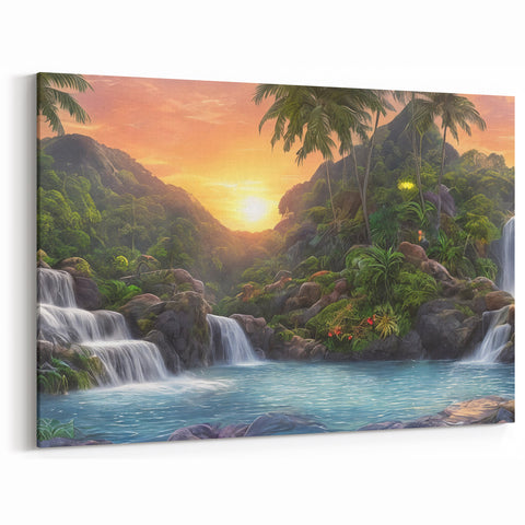 Sunset Over Tropical Waterfalls - Vibrant Rainforest Wall Art Canvas