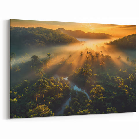 Sunbeams Over Misty Rainforest - Majestic Tropical Landscape Art